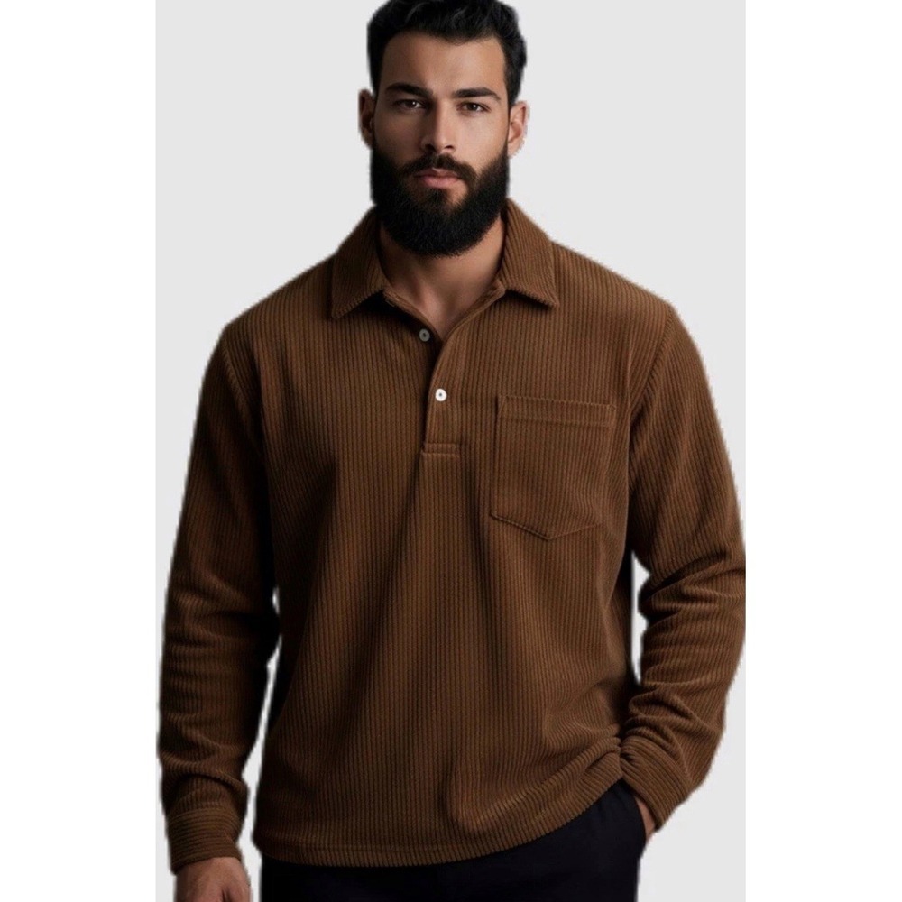 Men's Brown Ribbed Corduroy-Look Long Sleeve Polo | Lightweight XL